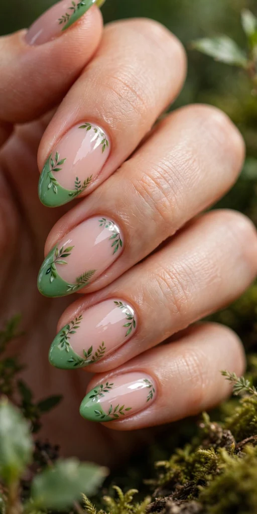 Almond nails with green French tips decorated with tiny hand-painted leaves and botanical nail art.