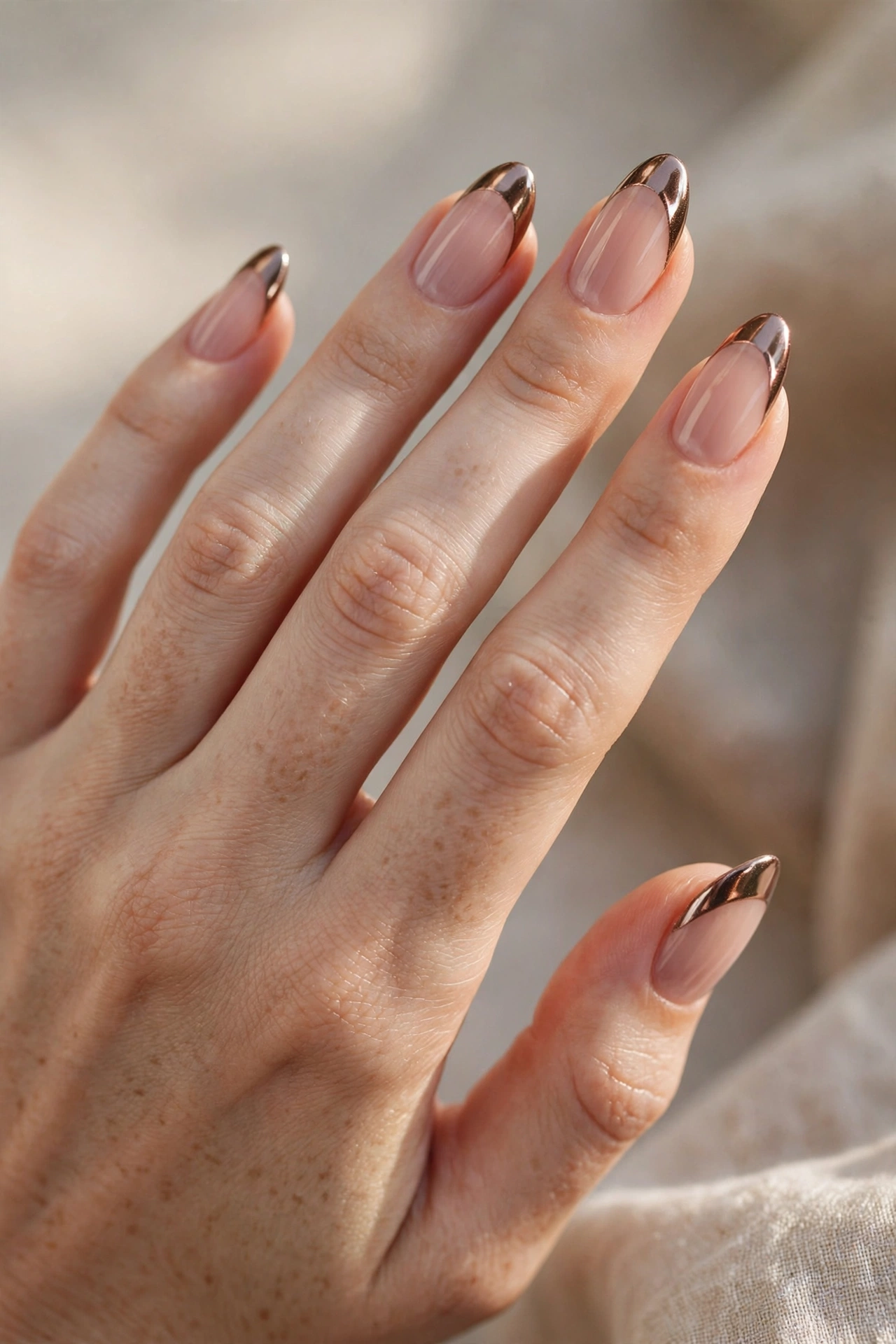 Close-up of almond nails with metallic bronze chrome French tips