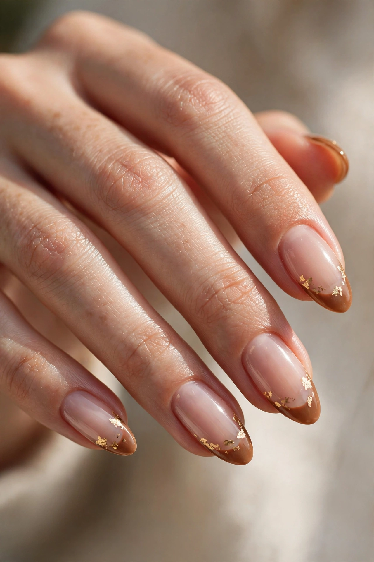 Close-up of almond nails with brown French tips decorated with gold foil flakes