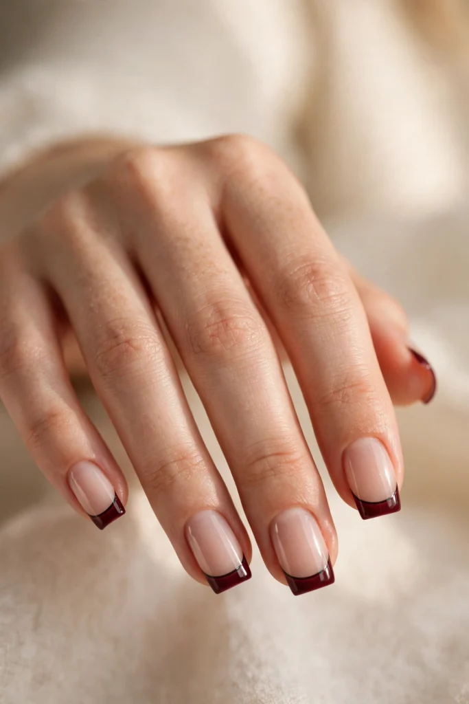 Square nails with bicolor French tips pairing deep burgundy over a thin black line.