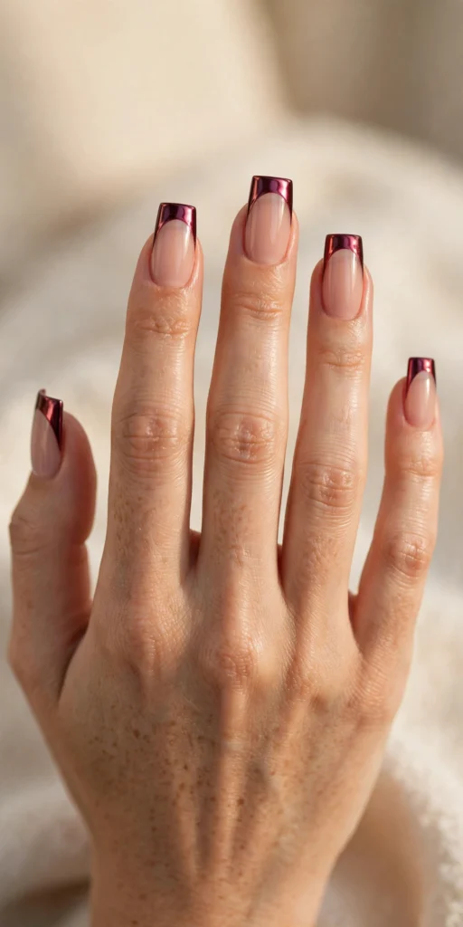 Long square nails with mirror-like chrome burgundy French tips over a sheer nude base.