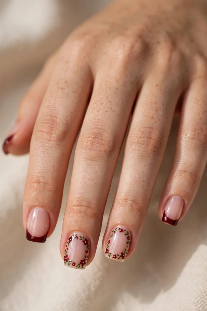 Short square nails with burgundy French tips and tiny wine-red floral accents with green leaves.