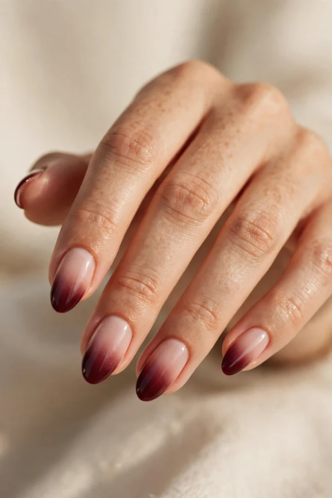 Almond nails with a seamless burgundy French fade blending from a milky nude base.