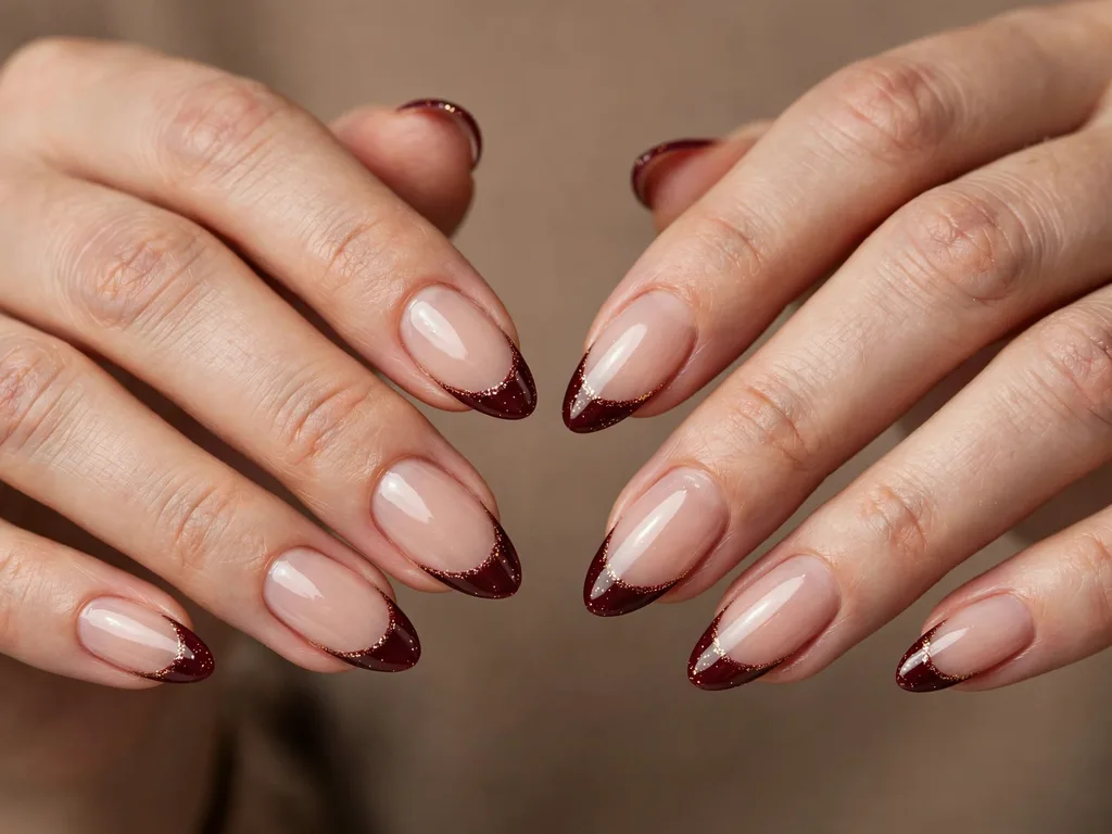 Burgundy French tip nails dusted with fine gold glitter on almond nails