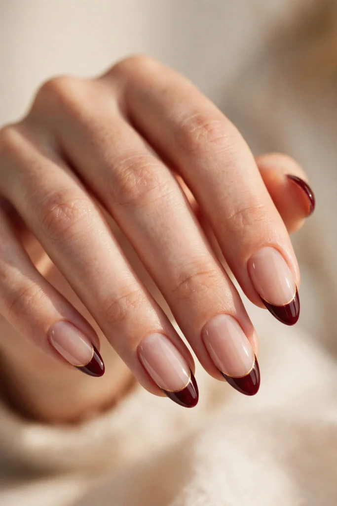 Almond nails with deep burgundy French tips outlined by a thin gold pinstripe line.