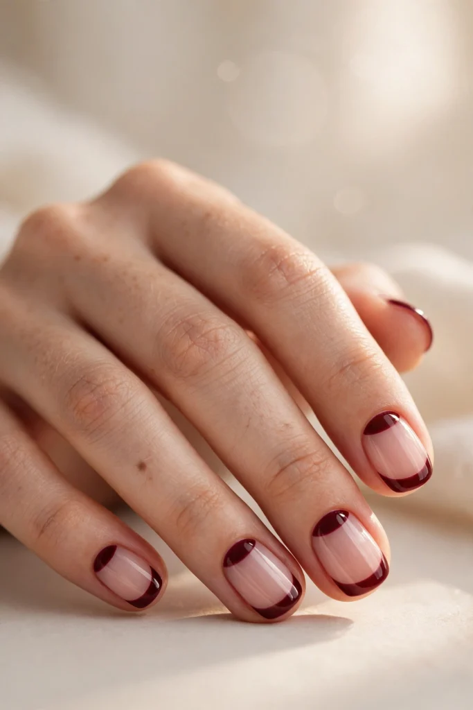 Short rounded nails with burgundy French tips and a matching burgundy half-moon at the cuticle.