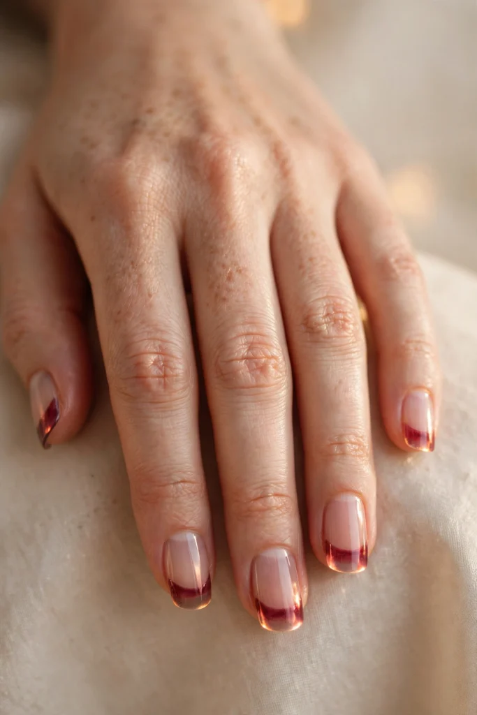 Short natural nails with translucent jelly burgundy French tips with a stained-glass glow.