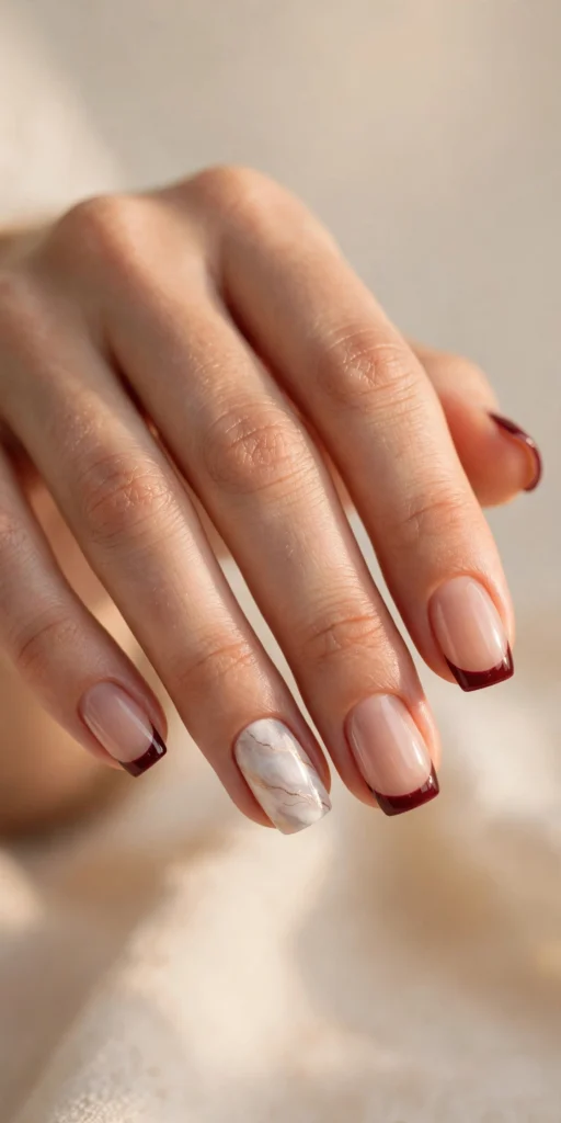 Square nails with burgundy French tips and a white marble accent nail with fine gold veining.