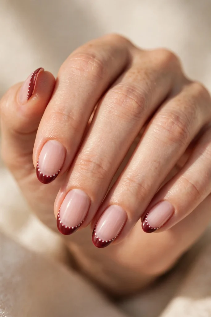 Oval nails with burgundy French tips decorated with tiny white polka dots over a milky pink base.