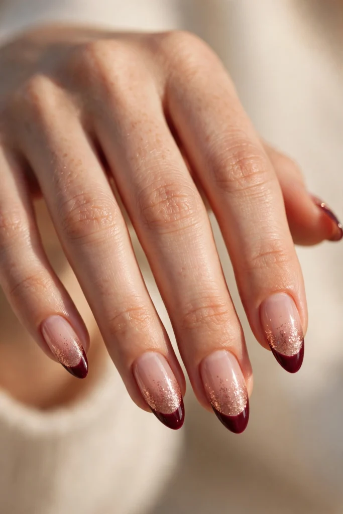 Almond nails with deep burgundy French tips fading into rose-gold glitter.