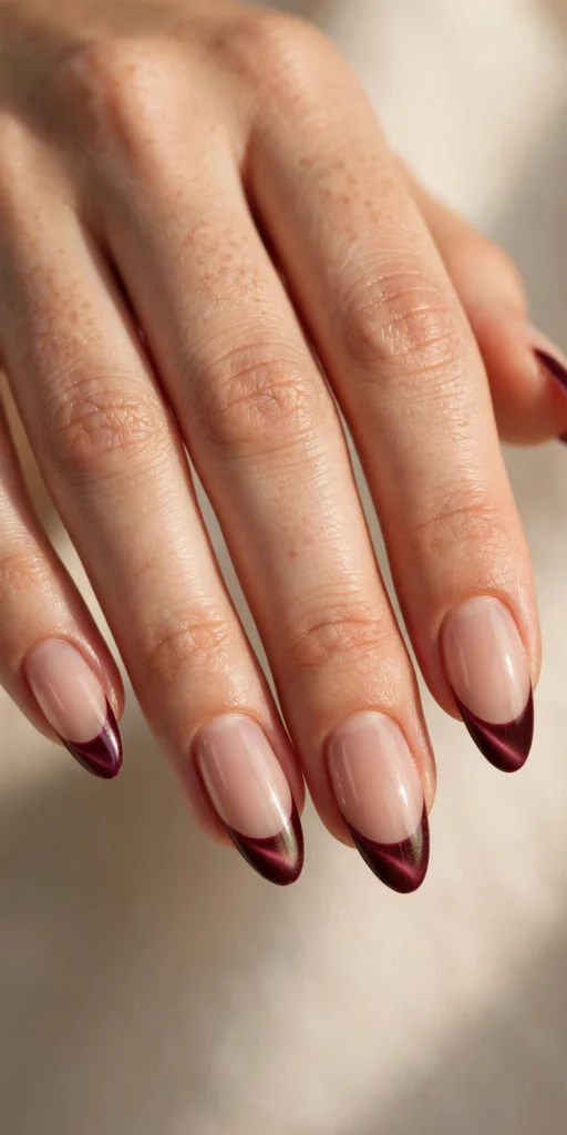 Long almond nails with magnetic velvet cat-eye burgundy French tips that shimmer in the light.