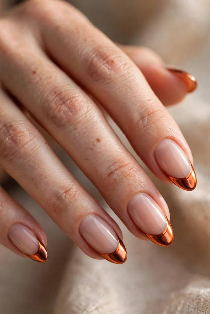 Close-up of almond nails with metallic mirror-shine burnt orange chrome French tips
