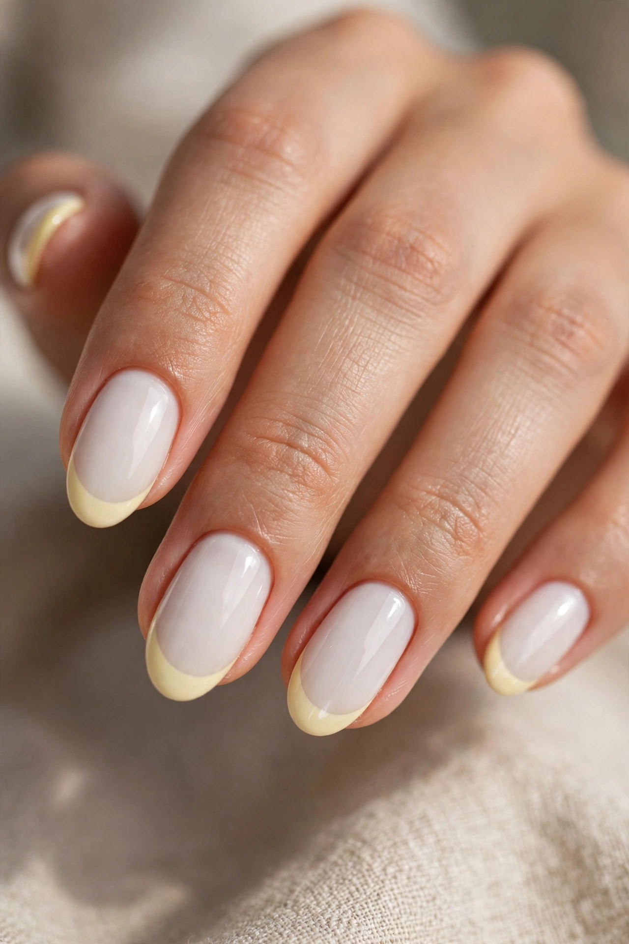 Oval nails with creamy butter-yellow French tips over a milky white base.