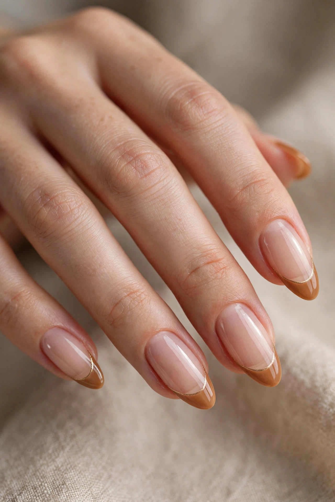 Close-up of almond nails with caramel French tips outlined by a thin gold metallic line