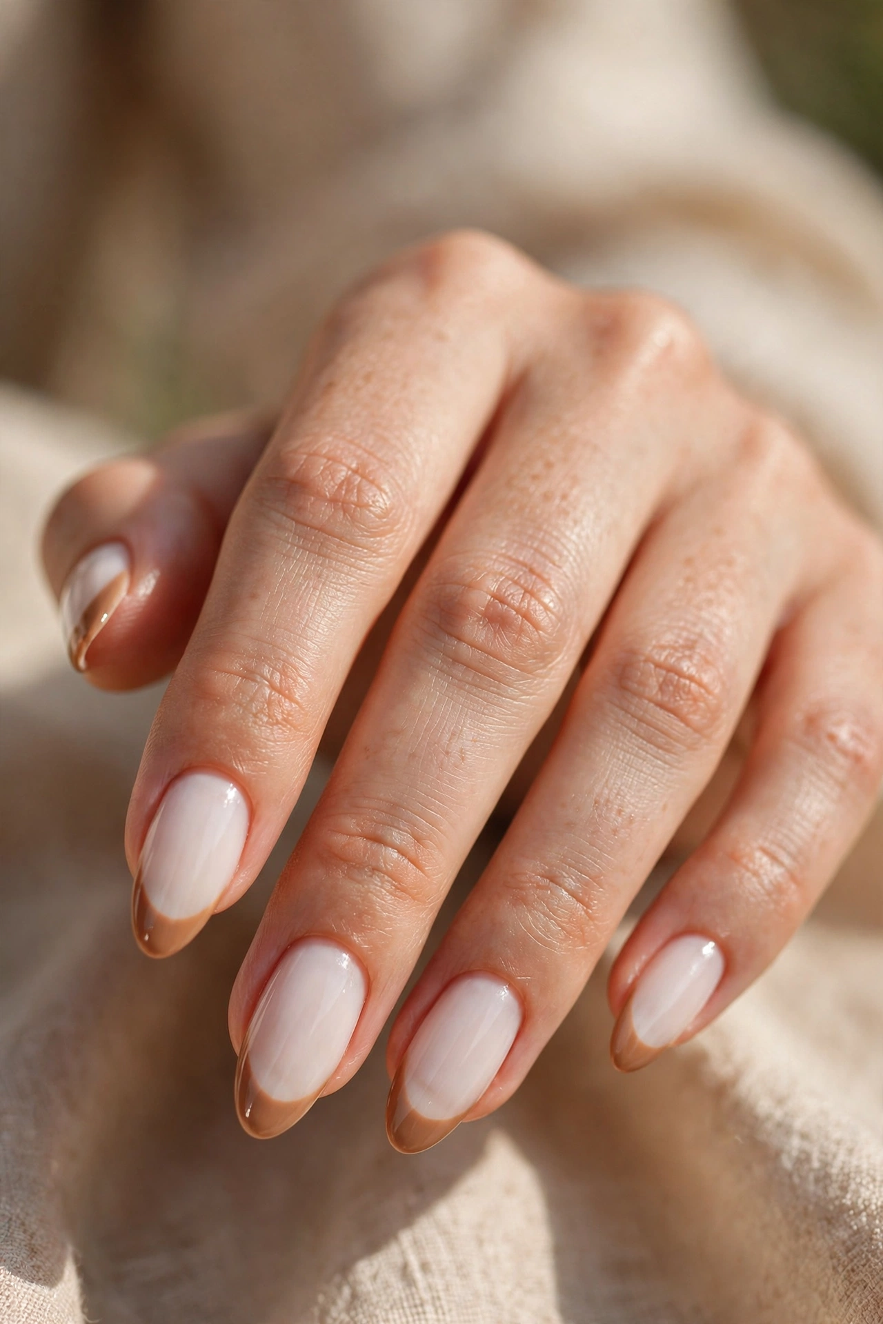 Close-up of almond nails with soft caramel-brown French tips over a milky base