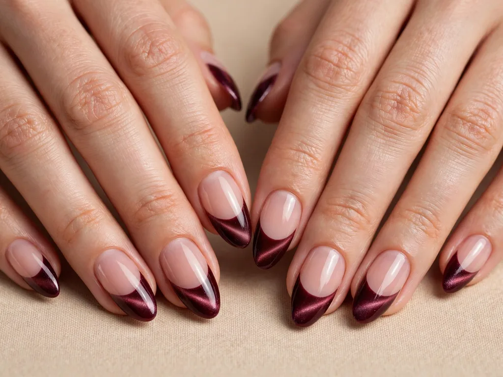 Burgundy velvet cat eye French tip nails on almond-shaped nails