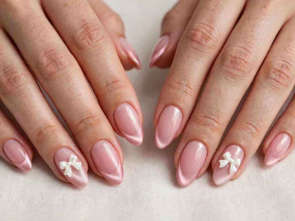 Pink cat eye French tip nails with a tiny white bow on the ring finger