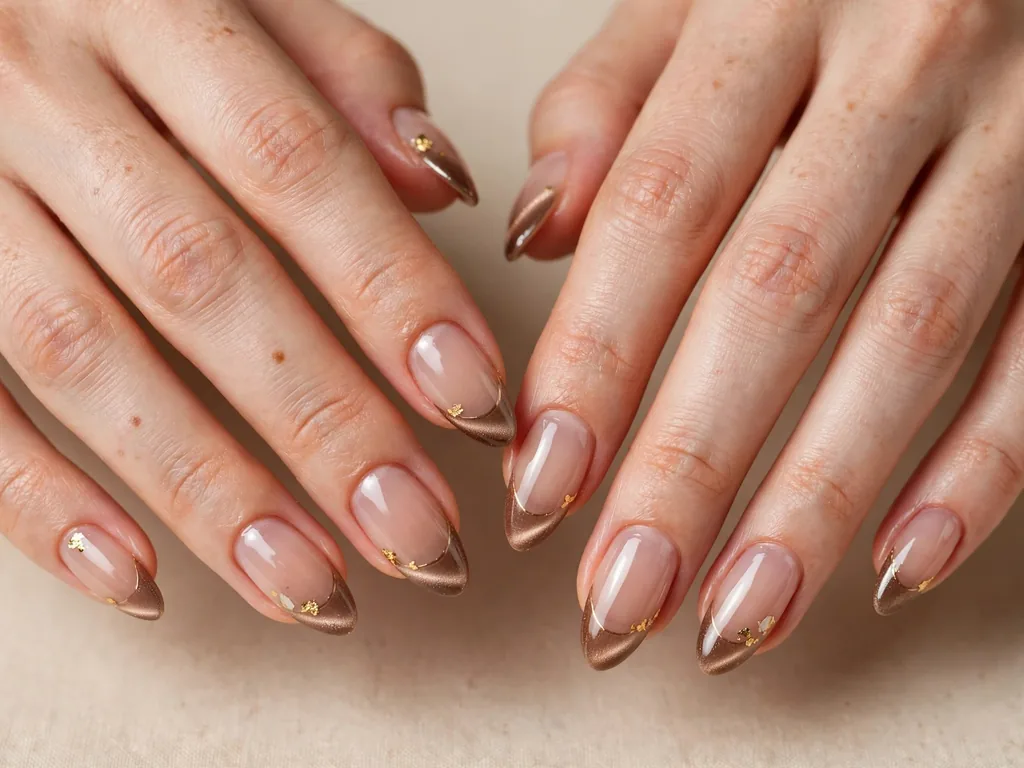 Cat eye French tip nails with small gold foil flakes on almond nails