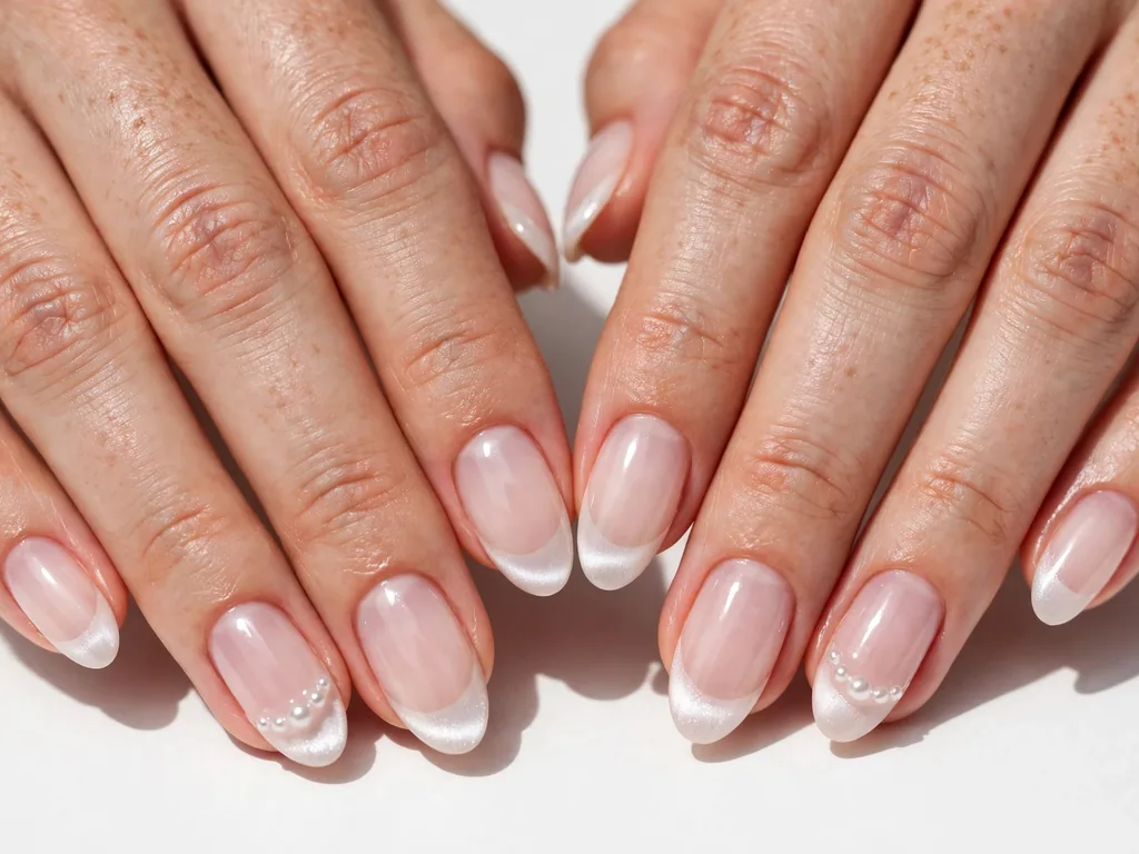 Milky cat eye French tip nails with tiny pearls along the smile line
