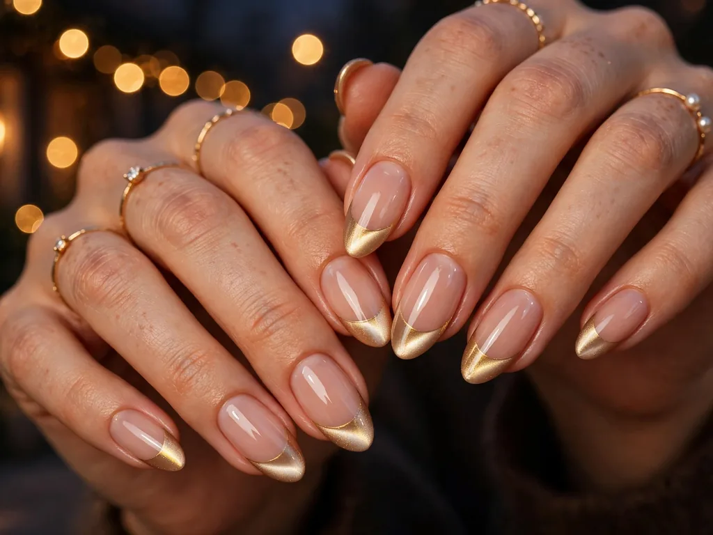Champagne cat eye French tip nails with a golden glow on almond nails