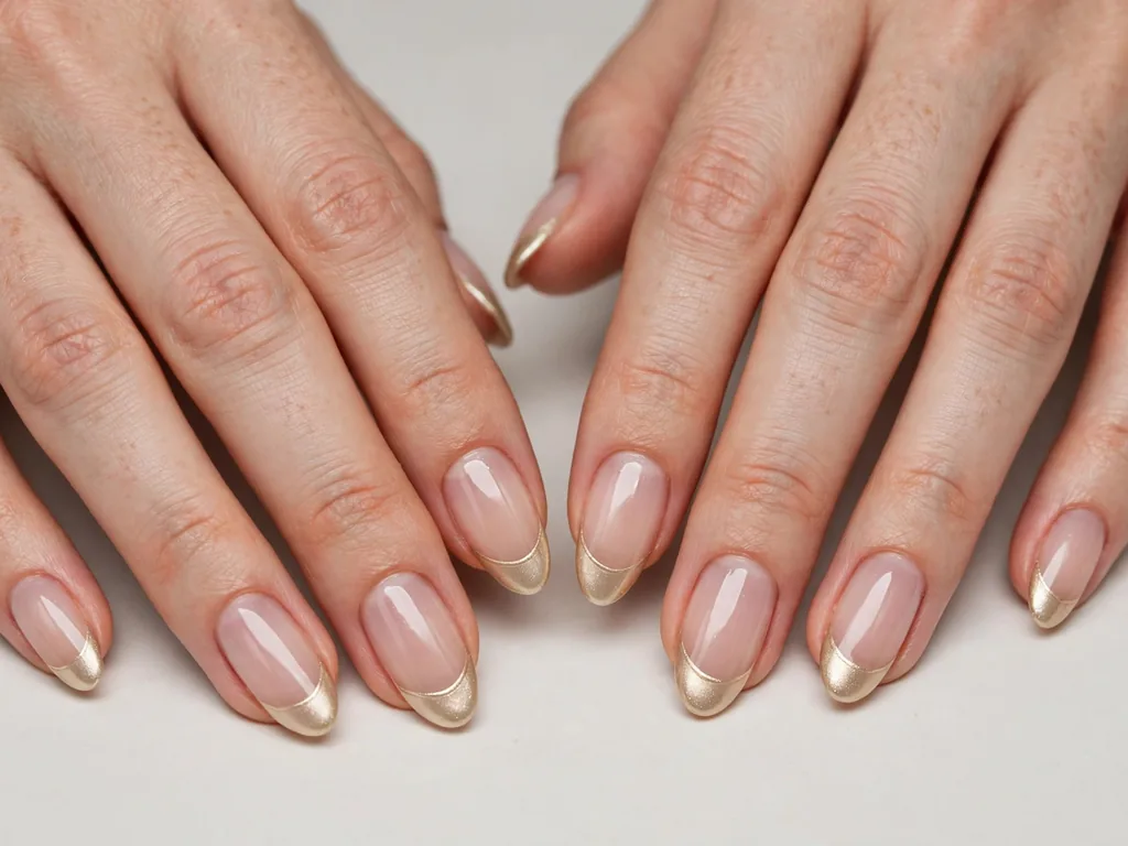 Champagne gold French tip nails on medium almond nails