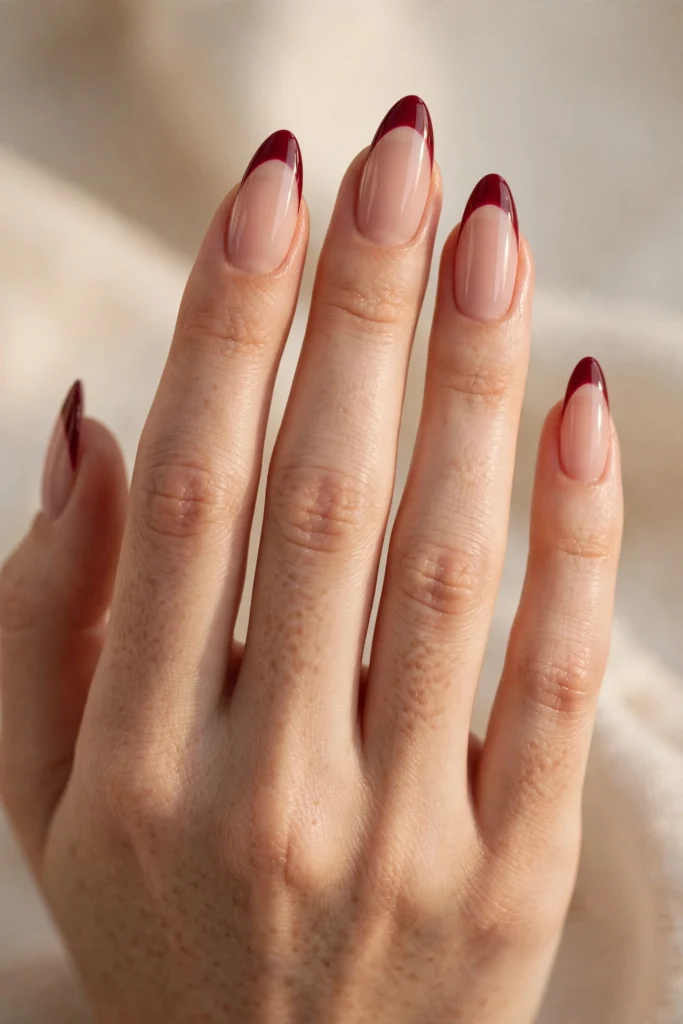 Long almond nails with high-gloss cherry-wine burgundy French tips over a sheer nude base.
