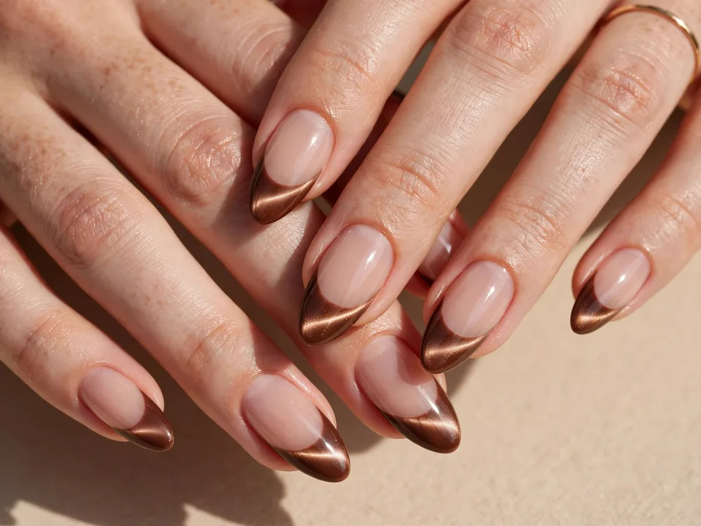 Chocolate brown cat eye French tip nails on medium almond nails