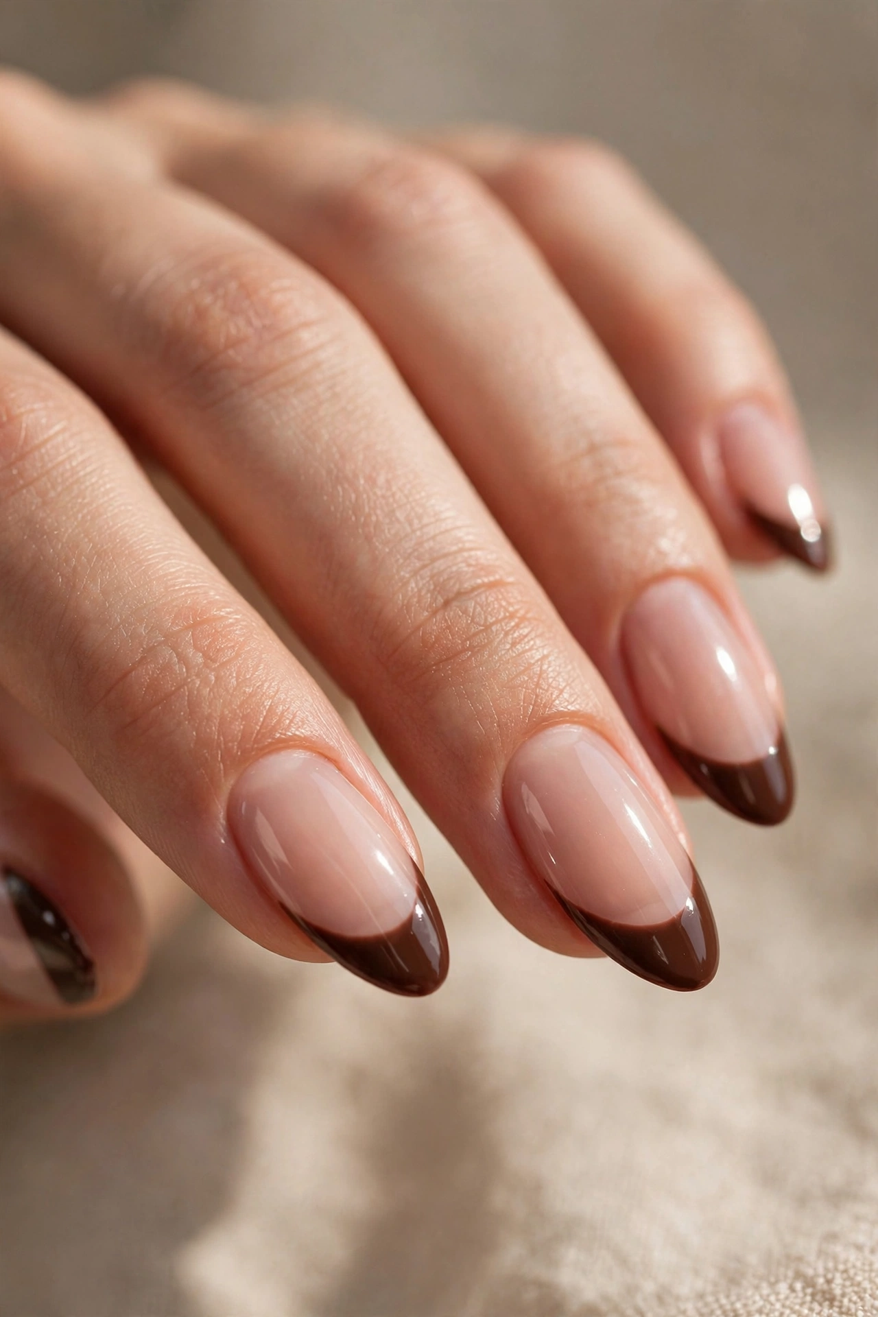 Close-up of almond nails with glossy chocolate-brown French tips over a sheer nude base