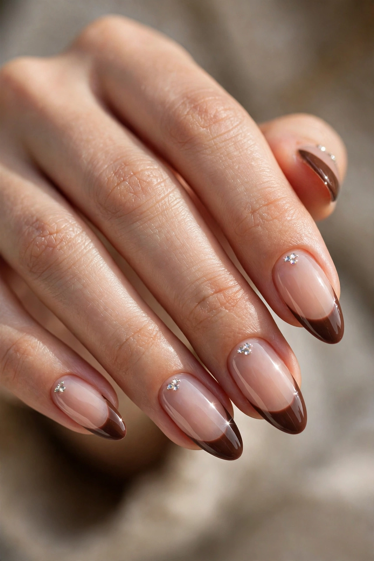 Close-up of almond nails with chocolate-brown French tips and small rhinestones near the cuticles