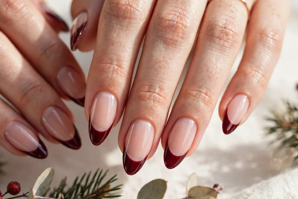 Christmas Eve French tip nails with deep burgundy glossy tips on a sheer nude base, shown on long almond nails.