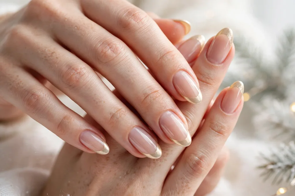 Christmas Eve French tip nails with pale champagne gold tips with a soft metallic sheen on a sheer nude base, shown on medium almond nails.