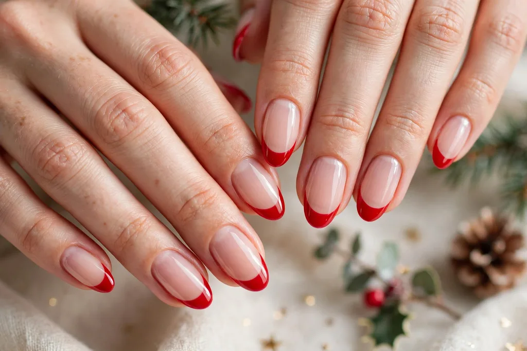 Christmas Eve French tip nails with classic bright red glossy tips on a sheer nude base, shown on medium almond nails.