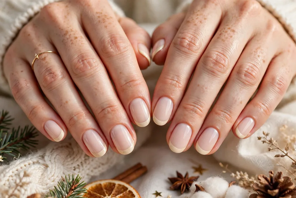 Christmas Eve French tip nails with warm cozy cream tips on a milky nude base, shown on short oval nails.