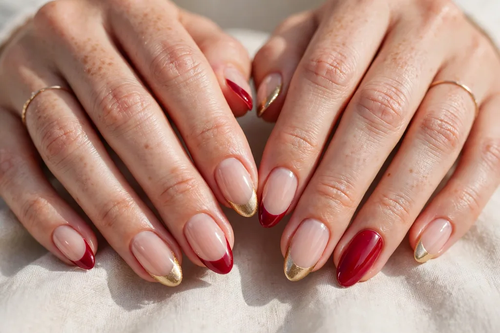 Christmas Eve French tip nails alternating cranberry red and metallic gold tips on a sheer nude base, shown on medium almond nails.