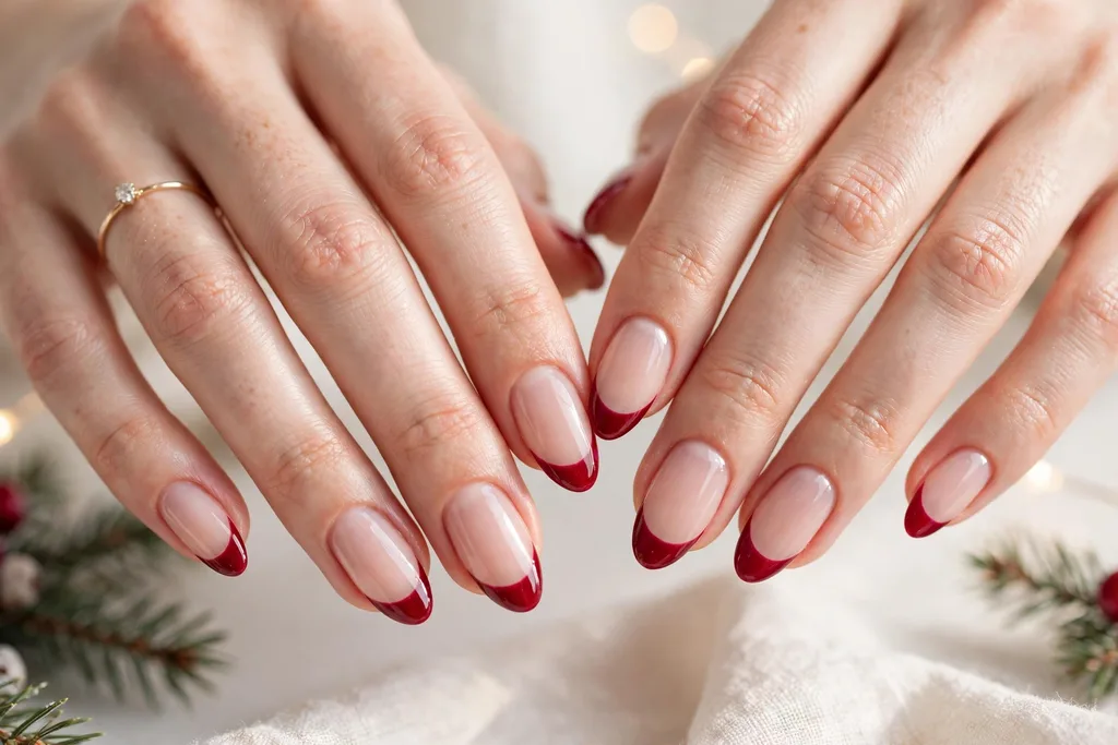 Christmas Eve French tip nails with cranberry red glossy tips on a sheer nude base, shown on medium almond nails.