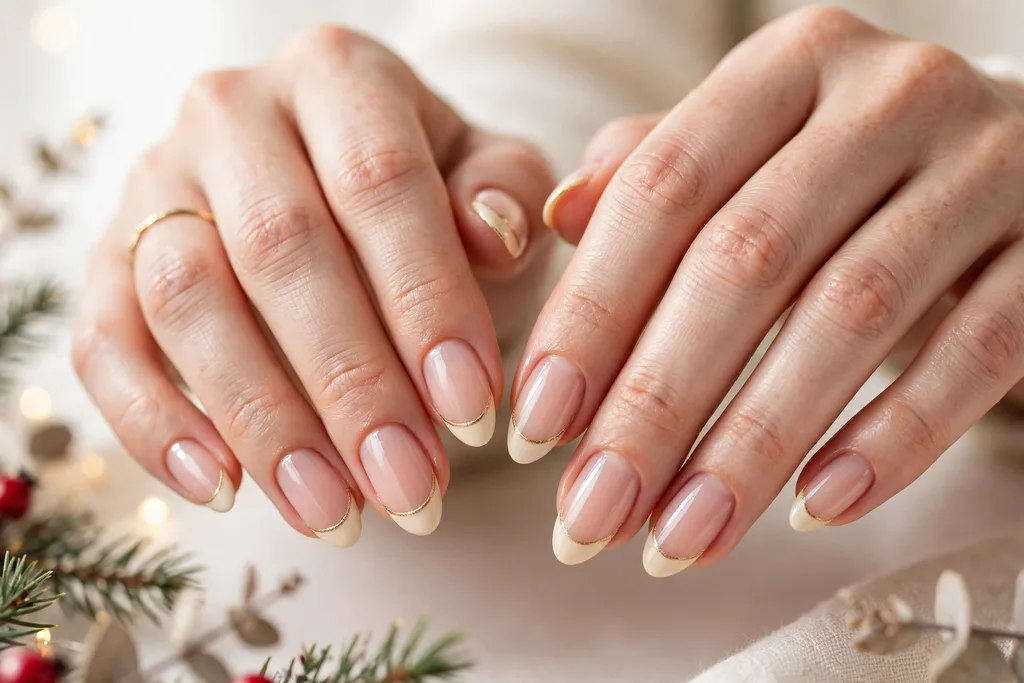 Christmas Eve French tip nails with warm cream tips edged with a thin gold line on a sheer nude base, shown on medium almond nails.