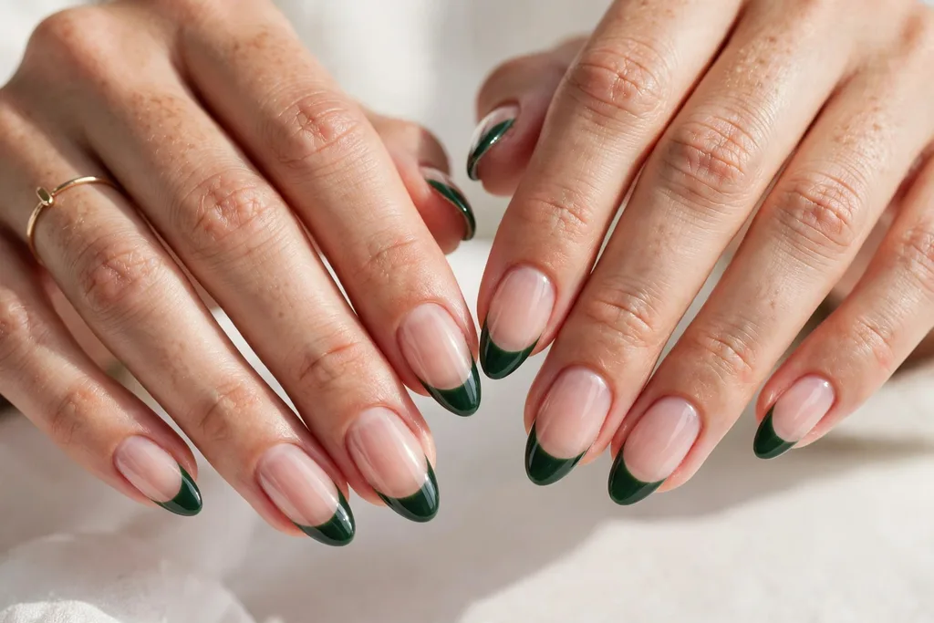 Christmas Eve French tip nails with deep evergreen tips on a sheer nude base, shown on medium almond nails.