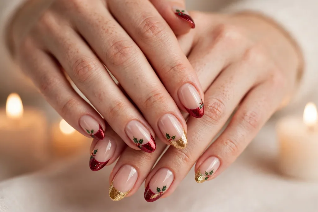 Christmas Eve French tip nails with cranberry, deep red, and gold shimmer tips and tiny holly accents on a sheer nude base, shown on a woman's hands against a warm white background with soft candlelight.