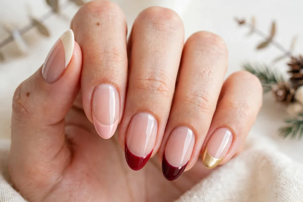 Christmas Eve French tip nails with a different warm tip color on each nail, including cream, blush, cranberry, burgundy, and gold, on a sheer nude base, shown on medium almond nails.