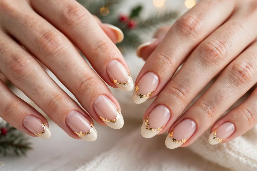 Christmas Eve French tip nails with cream tips and irregular gold foil flakes along the smile line on a sheer nude base, shown on medium almond nails.