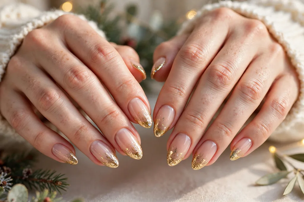 Christmas Eve French tip nails with gold glitter tips fading into a sheer nude base, shown on medium almond nails.