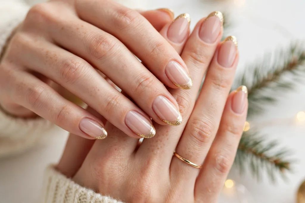 Christmas Eve French tip nails with fine gold shimmer tips on a sheer nude base, shown on medium almond nails.