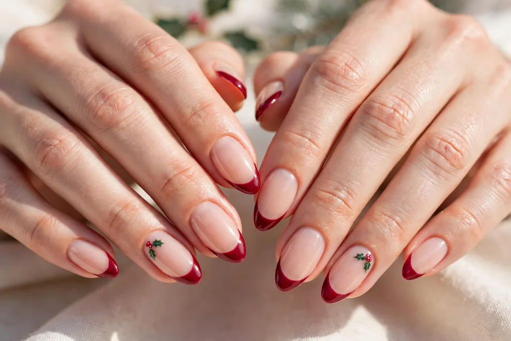 Christmas Eve French tip nails with cranberry red tips and one tiny holly leaf and berry accent painted on each ring finger, shown on medium almond nails with a sheer nude base.