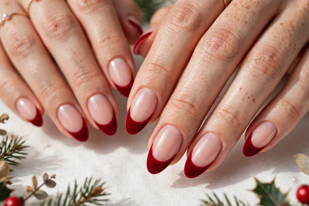 Christmas Eve French tip nails with matte velvet red tips on a soft sheer nude base, shown on medium almond nails.