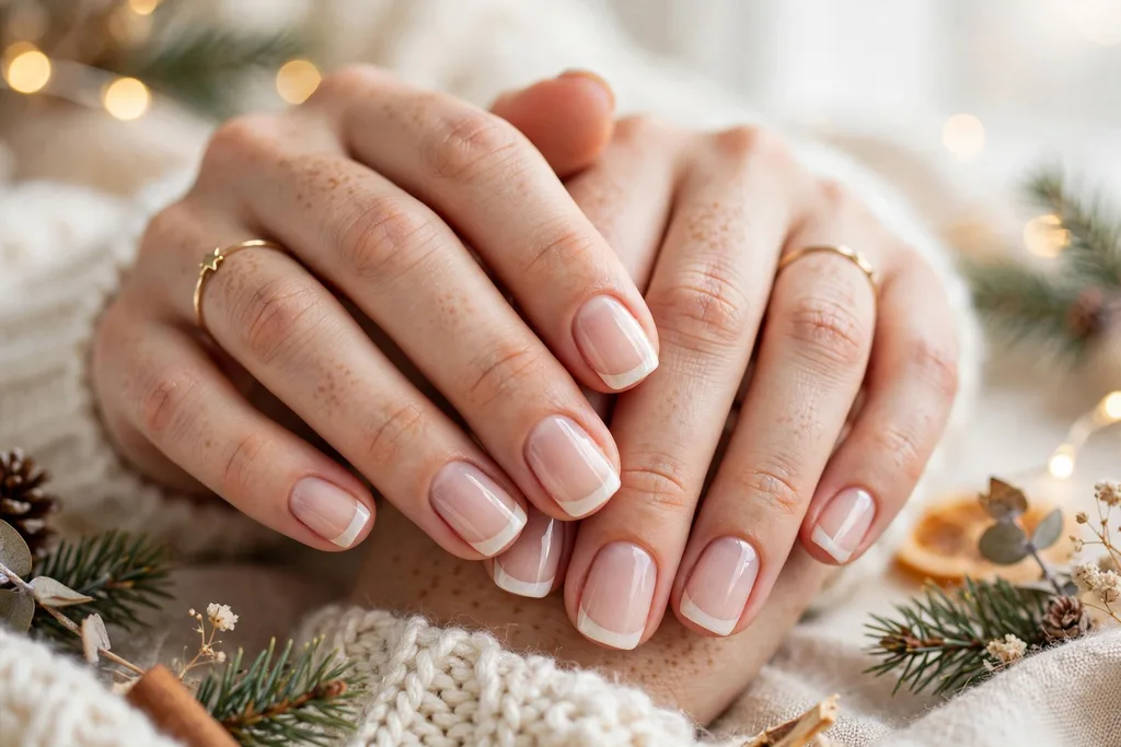 Christmas Eve French tip nails with soft milky white tips on a sheer nude base, shown on short squoval nails.