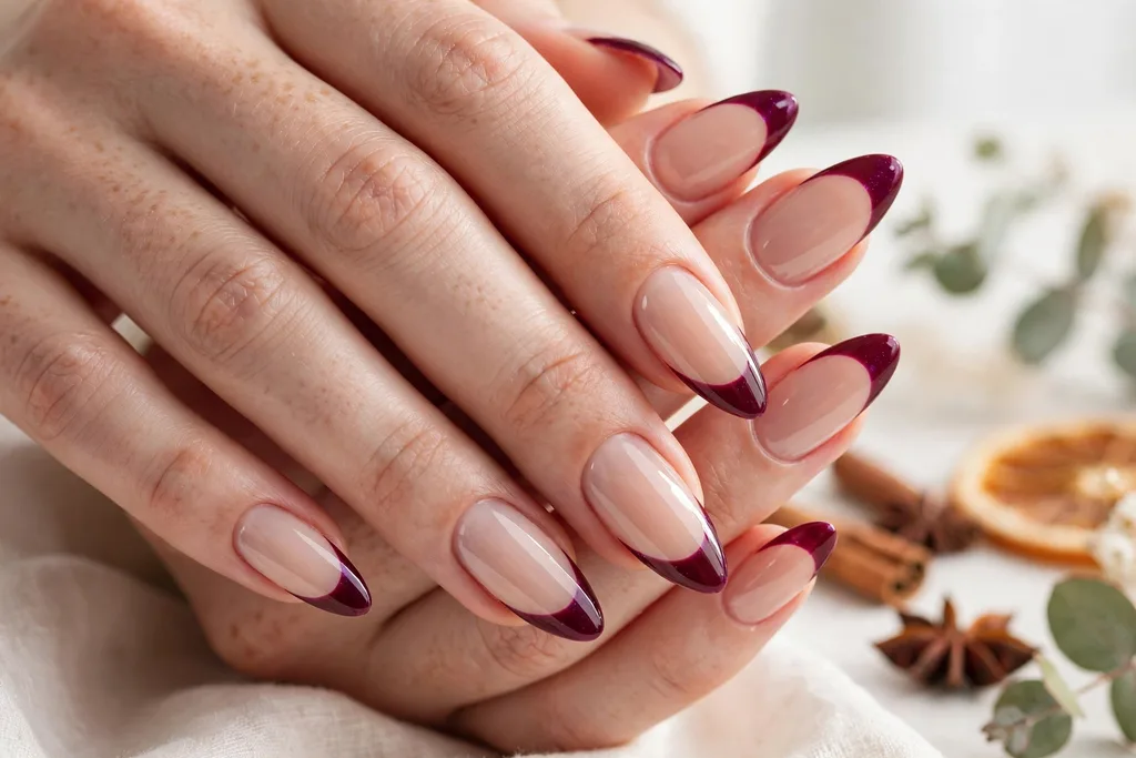 Christmas Eve French tip nails with mulled wine red-purple glossy tips on a sheer nude base, shown on long almond nails.