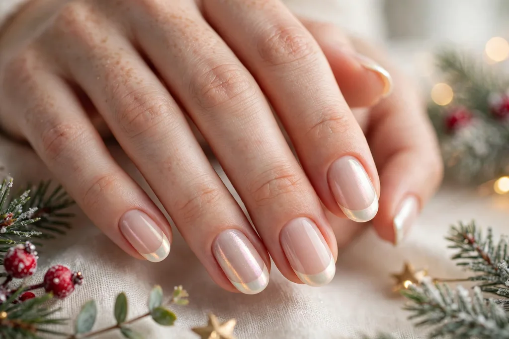 Christmas Eve French tip nails with pearl cream tips with a soft iridescent sheen on a sheer nude base, shown on medium oval nails.