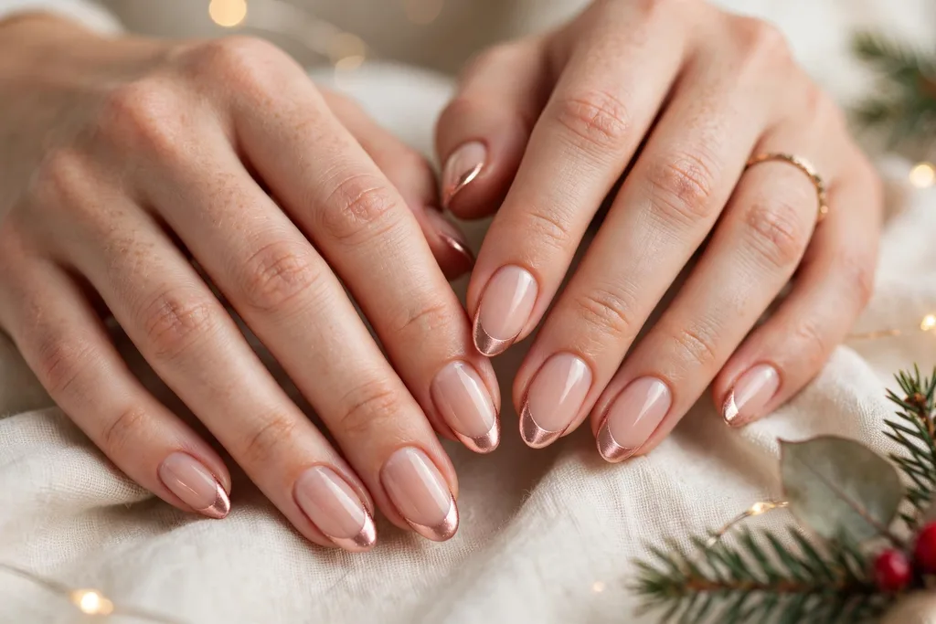 Christmas Eve French tip nails with rose gold metallic tips on a sheer nude base, shown on medium almond nails.