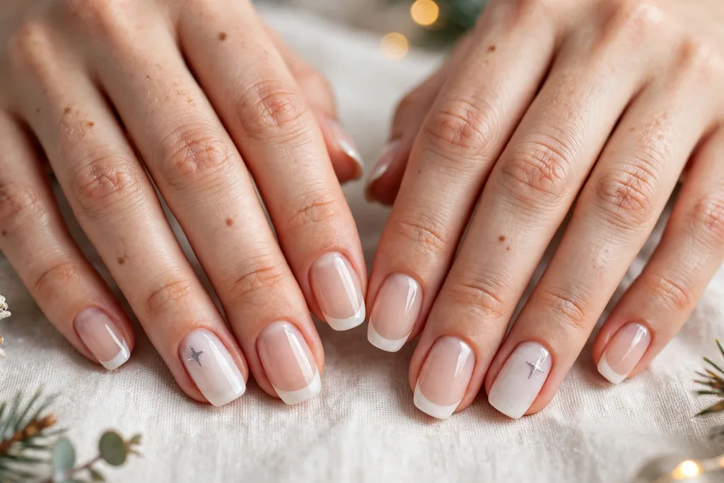 Christmas Eve French tip nails with milky white tips and one tiny silver star painted on each ring finger accent nail, shown on medium almond nails with a sheer nude base.