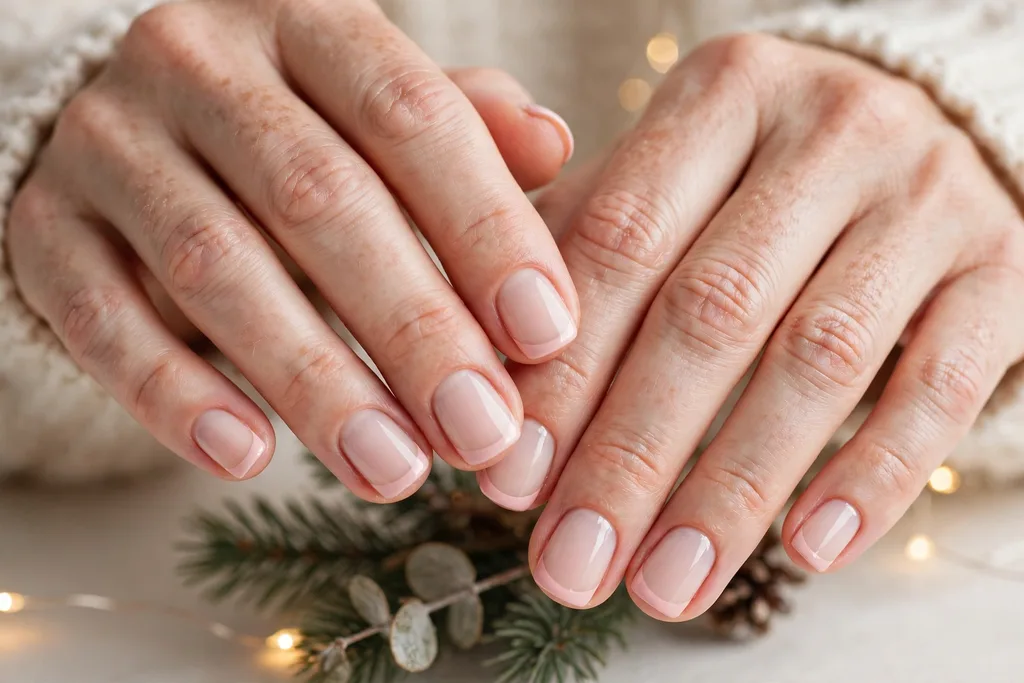 Christmas Eve French tip nails with soft blush pink tips on a milky nude base, shown on short squoval nails.